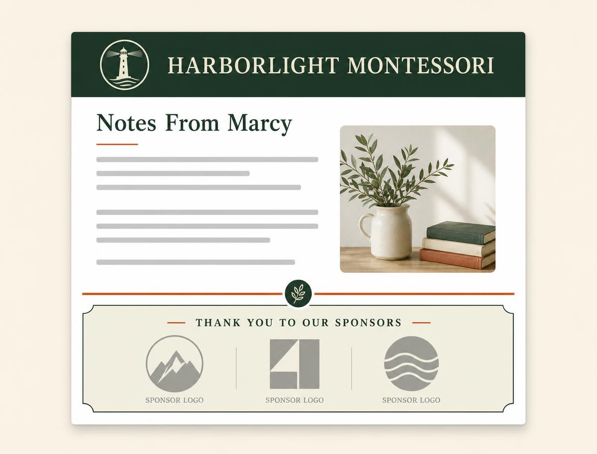 Mockup of a Harborlight newsletter with a sponsor thank-you panel