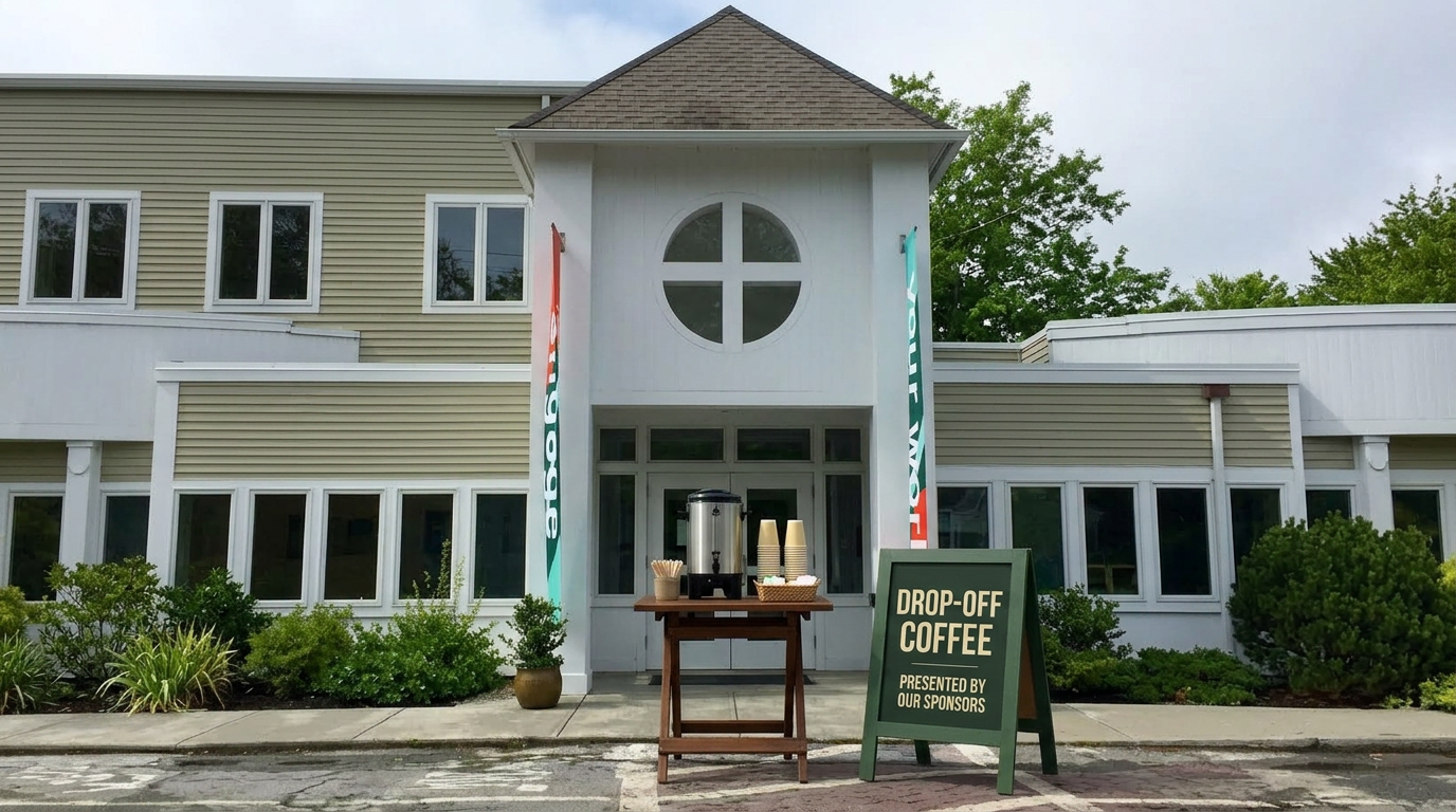 Drop-off coffee setup outside the Harborlight Montessori entrance